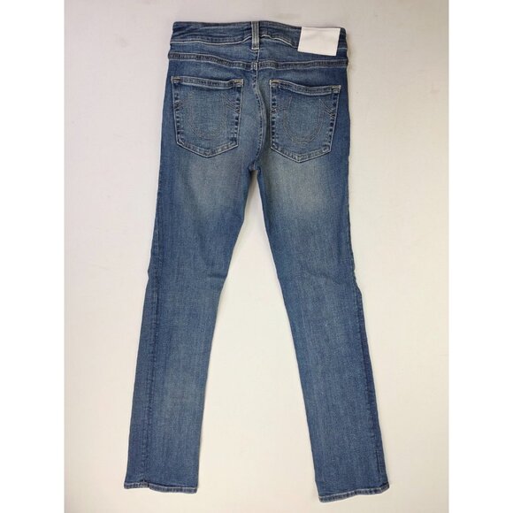 True Religion Size 27X34 Womens Billie Mid Rise Straight Blue Denim Logo Jeans - Picture 1 of 12